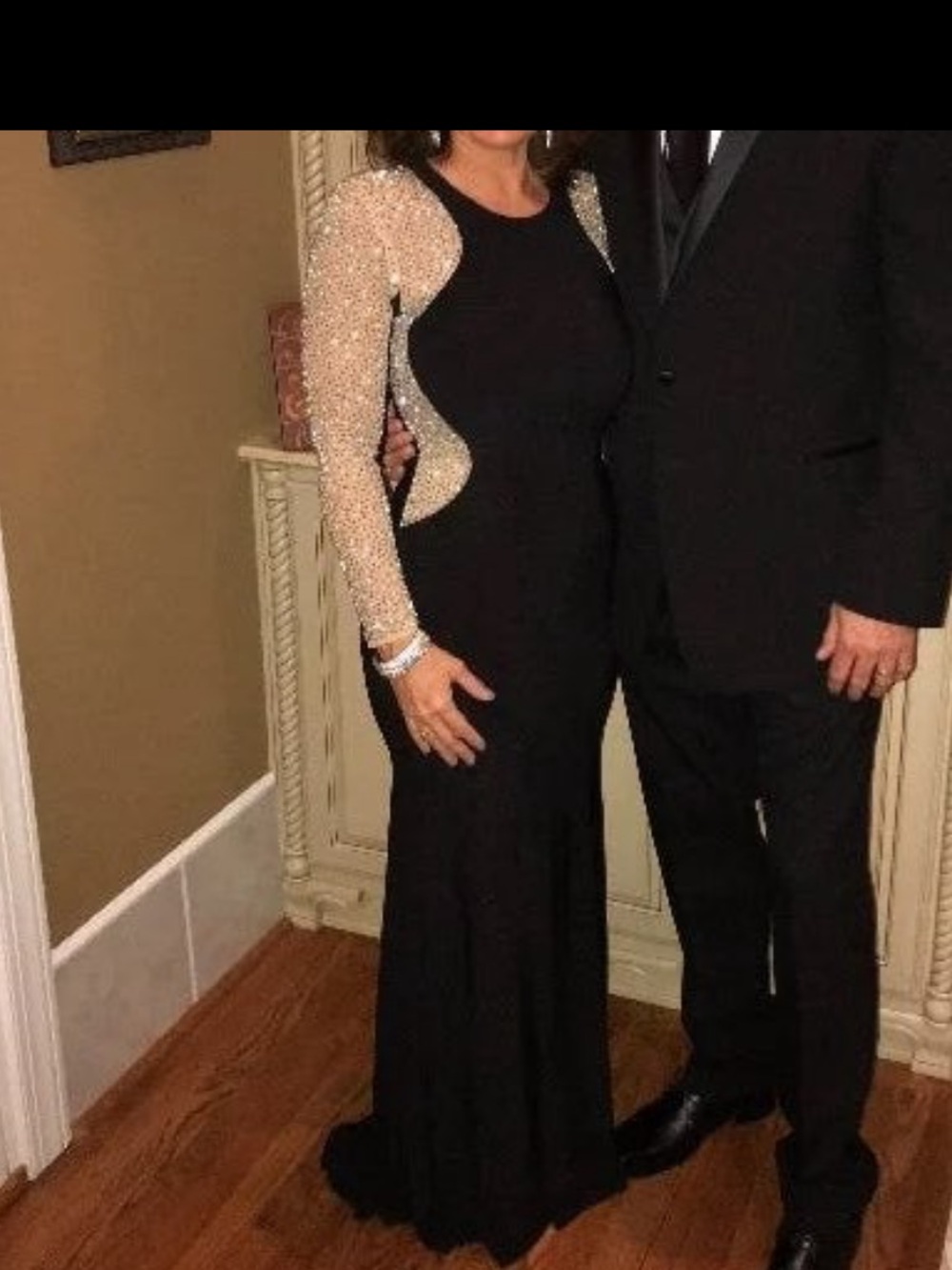 Elegant Black Evening Gown with Embellished Sheer Sleeves